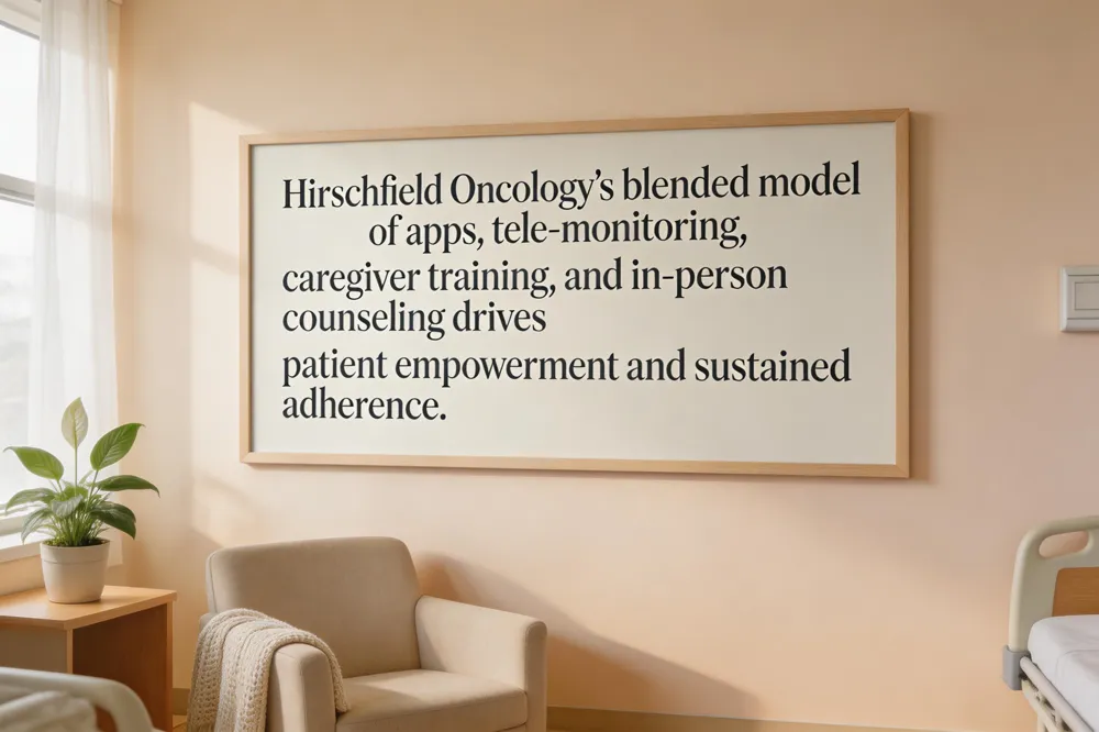 Hirschfeld Oncology’s blended model of apps, tele‑monitoring, caregiver training, and in‑person counseling drives patient empowerment and sustained adherence.