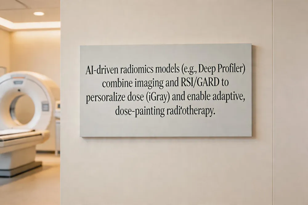 AI‑driven radiomics models (e.g., Deep Profiler) combine imaging and RSI/GARD to personalize dose (iGray) and enable adaptive, dose‑painting radiotherapy.