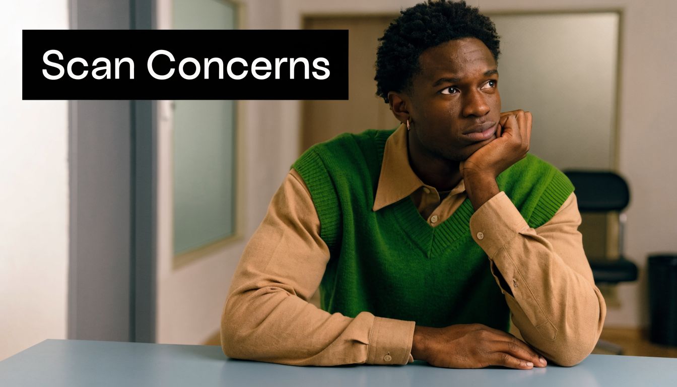 A thoughtful young man sitting at a desk appearing worried while waiting for medical scan results.