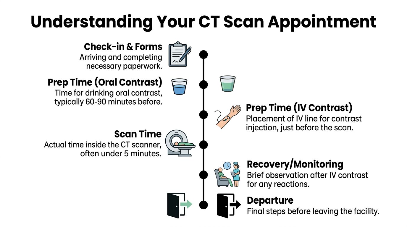 A step-by-step infographic illustrating the typical procedure and timeline for a medical CT scan appointment.