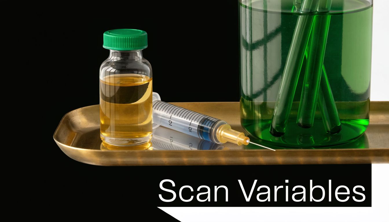 A medical tray containing a vial of yellow liquid, a syringe, and beakers with green solution.