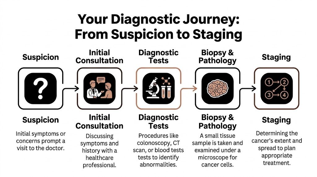 A diagnostic journey flowchart showing the five steps from initial symptoms to cancer staging and treatment planning.