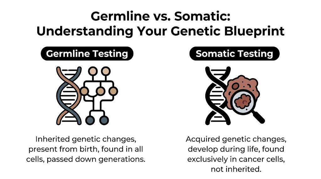 A diagram comparing germline and somatic genetic testing to explain inherited versus acquired genetic changes.