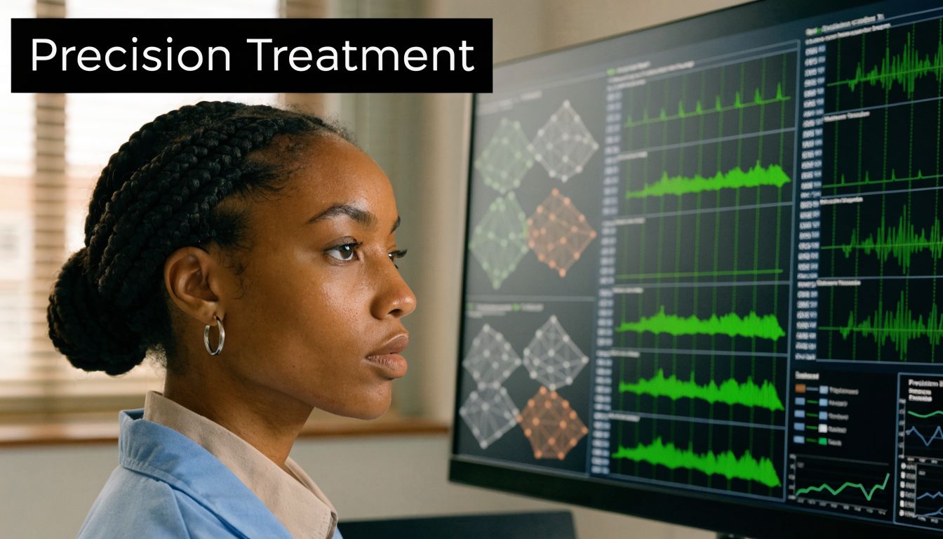 A professional researcher analyzing complex genetic data visualizations on a large screen in a clinical setting.