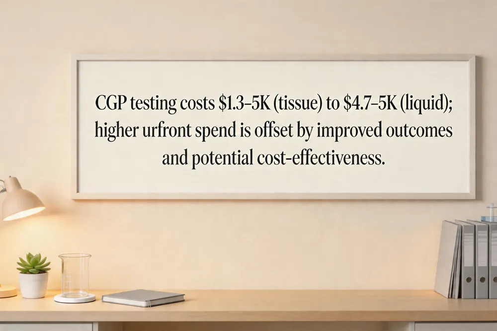 CGP testing costs $1.3–5K (tissue) to $4.7–5K (liquid); higher upfront spend is offset by improved outcomes and potential cost‑effectiveness.