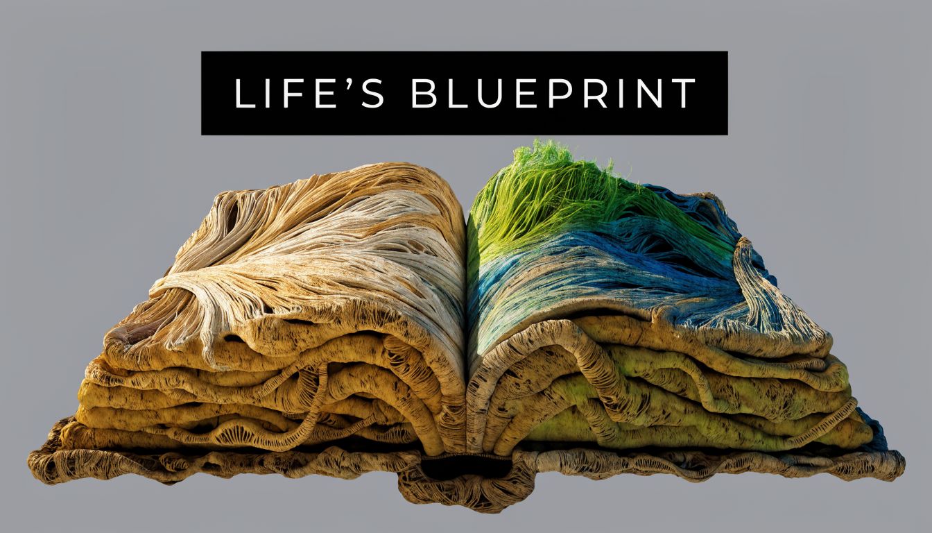 An open book with pages made of fibrous, thread-like material transitioning from earth tones to vibrant green and blue.