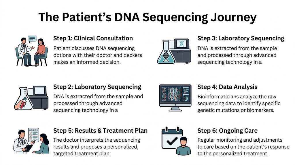 A six-step infographic illustrating the patient journey for DNA sequencing from consultation to ongoing care.