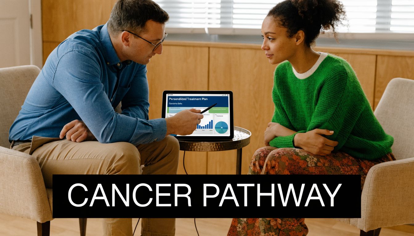 A healthcare professional explaining a personalized cancer treatment plan on a tablet screen to a patient.