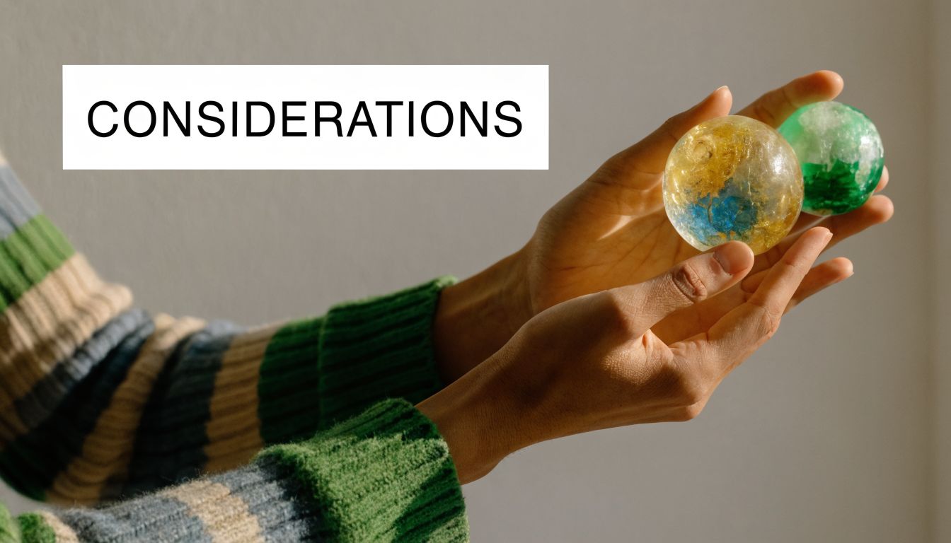 A person holding two small decorative crystal globes with green and yellow accents in their cupped hands.