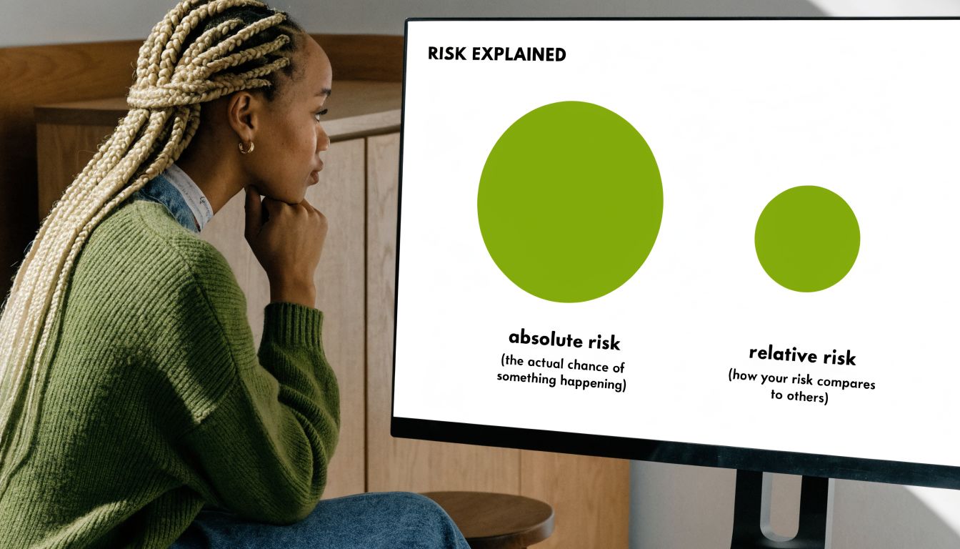 A person looking at a screen explaining the difference between absolute risk and relative risk.