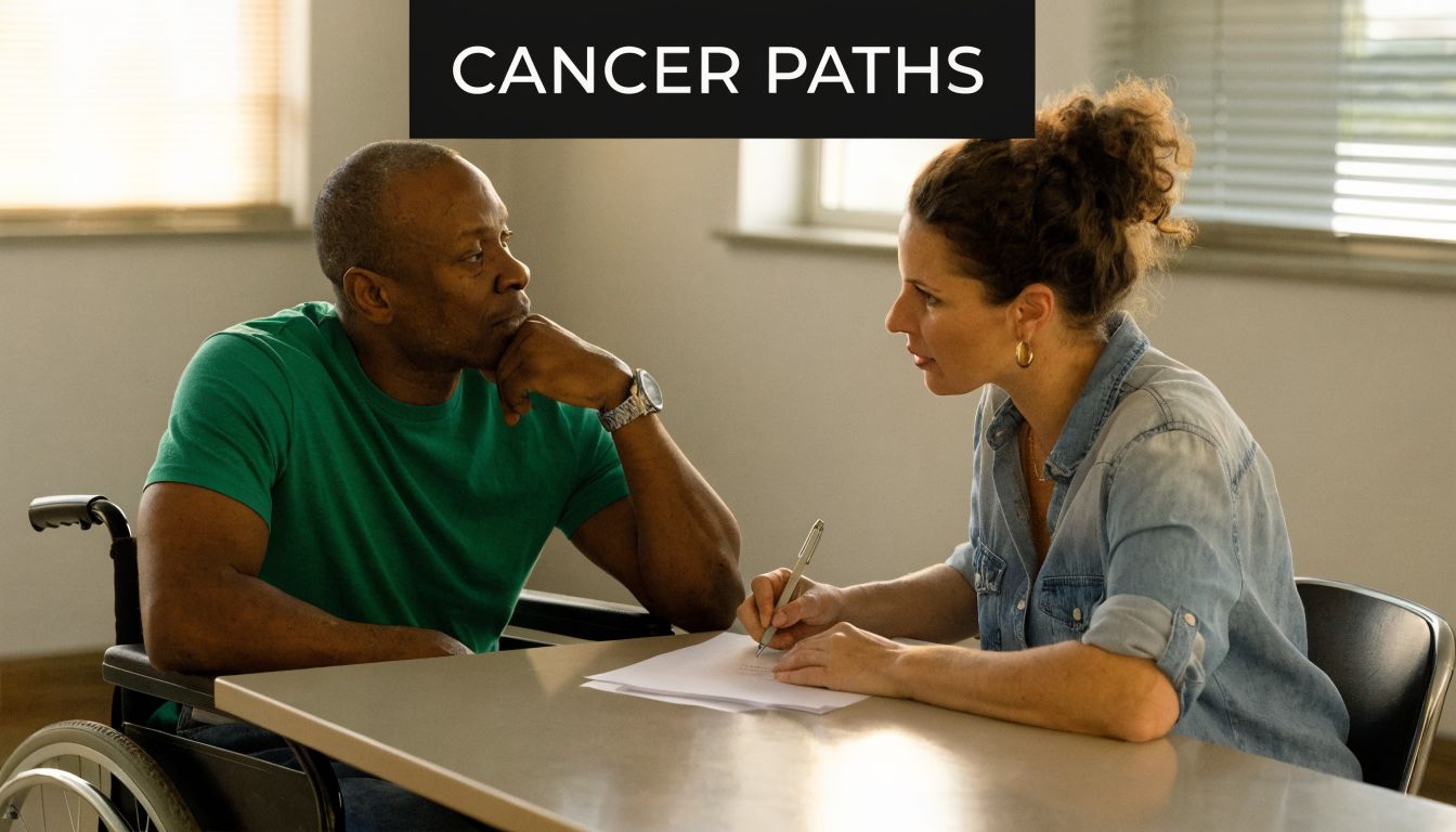 A woman counseling a man in a wheelchair who is discussing his health during a medical consultation.