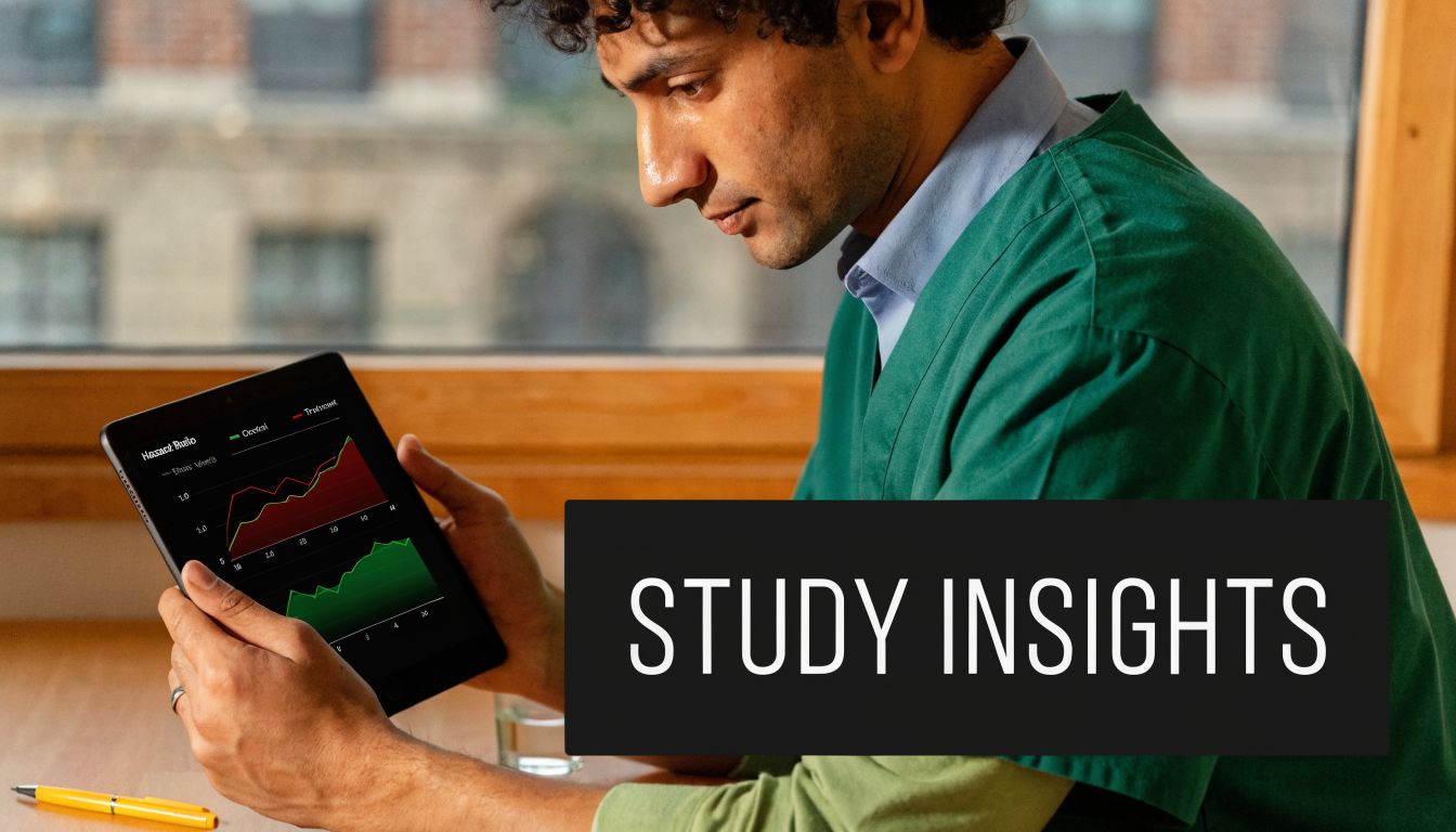 A medical professional examining patient study data charts on a tablet screen in a clinical setting.