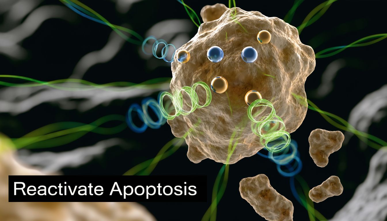 A 3D medical visualization depicting the reactivation of apoptosis in a cancer cell using molecular therapy.