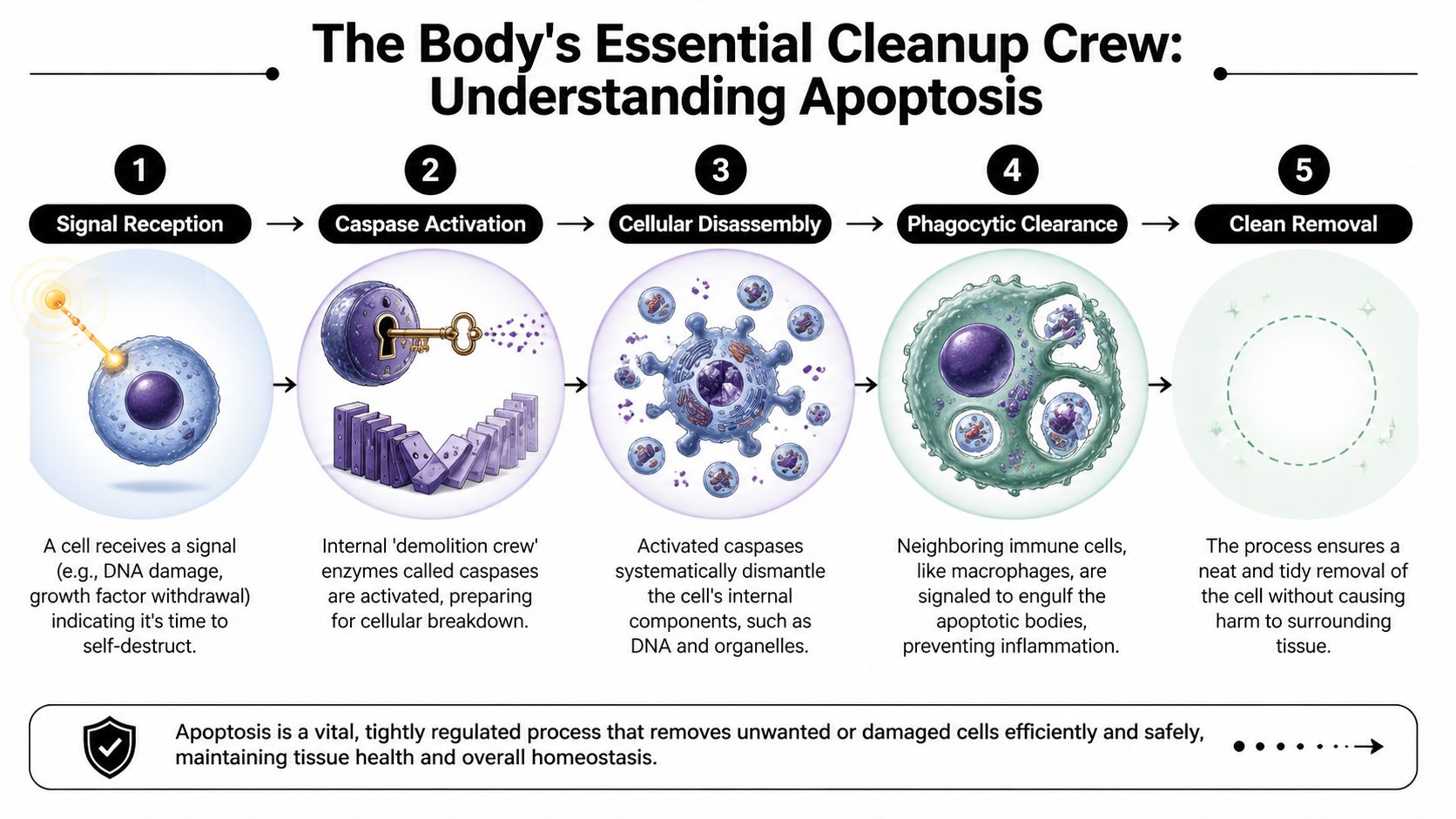 A five-step infographic illustrating the biological process of apoptosis, showing how cells are safely dismantled and removed.