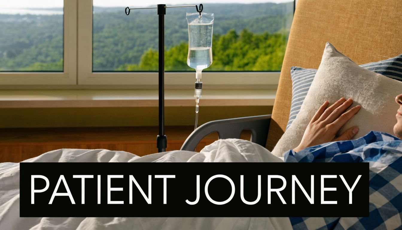 A patient resting in a hospital bed with an IV drip stand by the window.