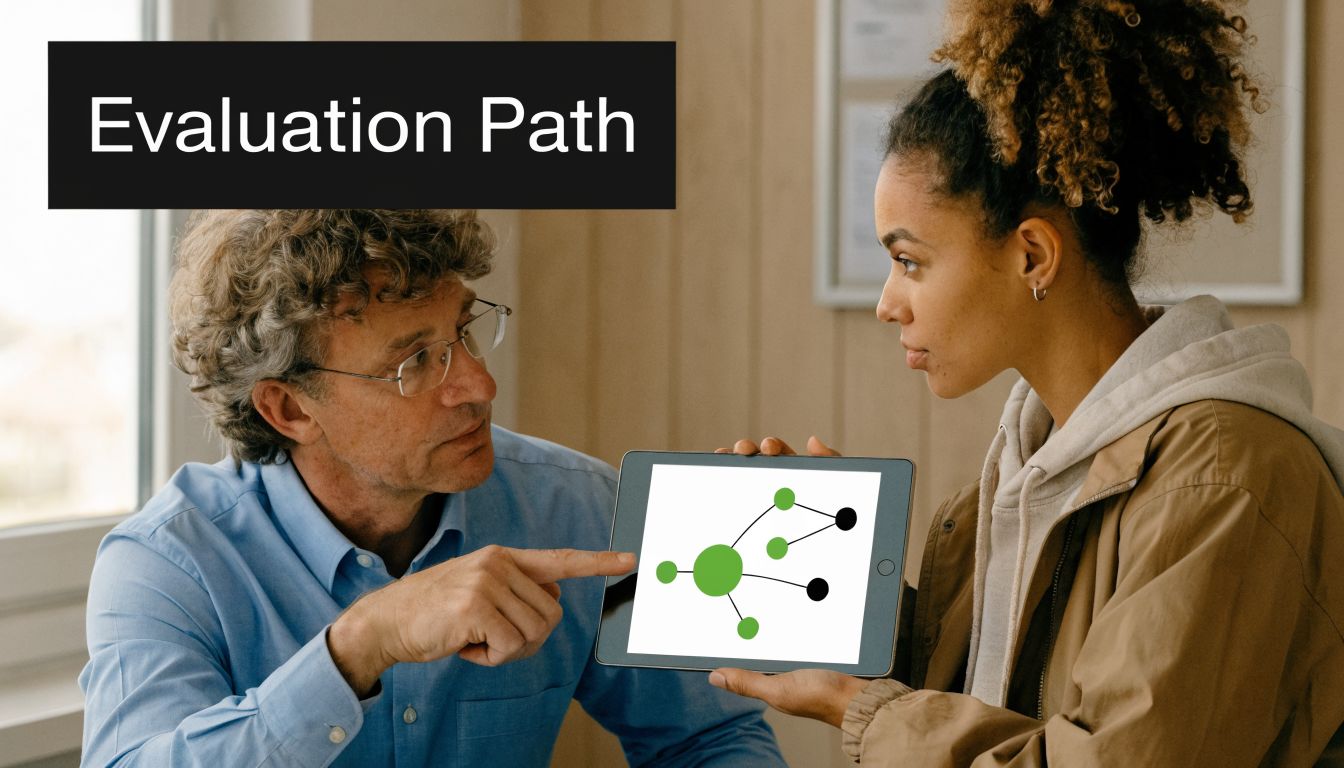 A professional man and woman discussing a medical flowchart displayed on a digital tablet in an office.