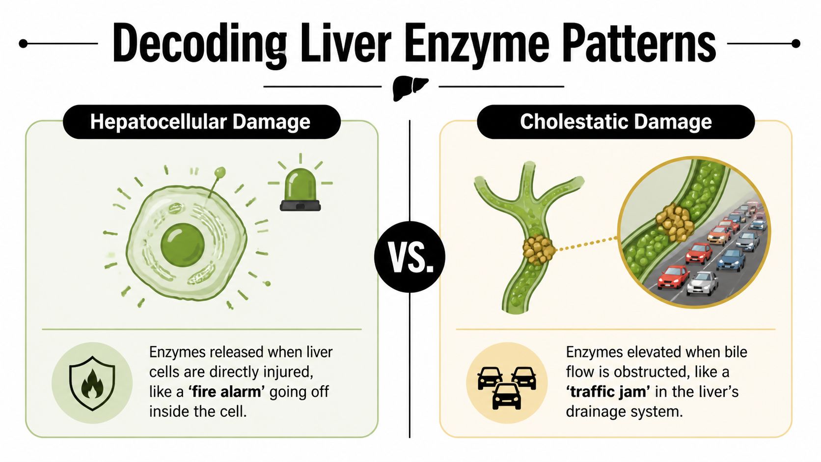 An infographic comparing hepatocellular damage and cholestatic damage in liver function using simple medical analogies.