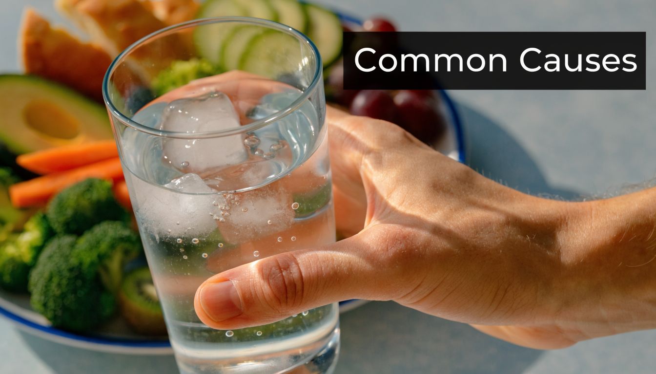 A hand holding a glass of ice water in front of a plate of fresh vegetables.