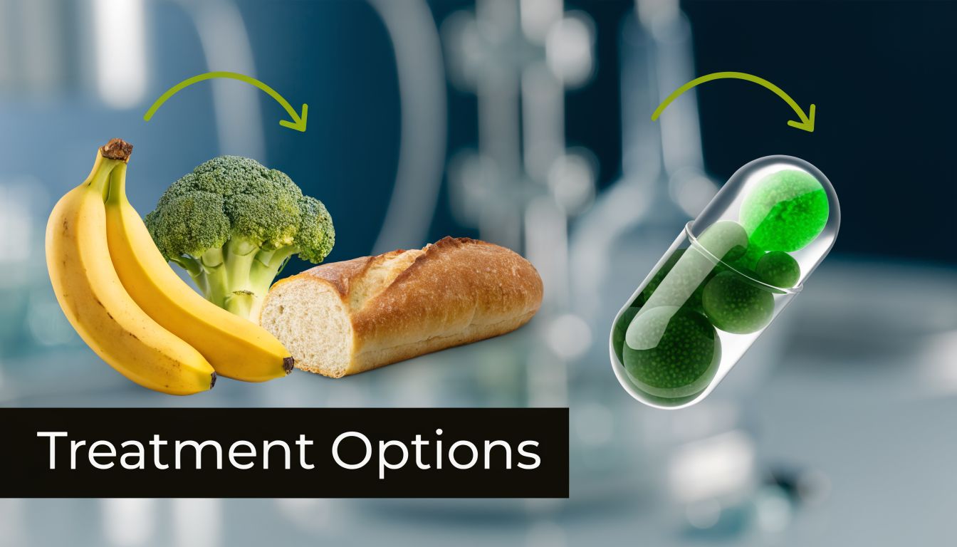 Conceptual image illustrating the choice between healthy food options and pharmaceutical capsule treatment.
