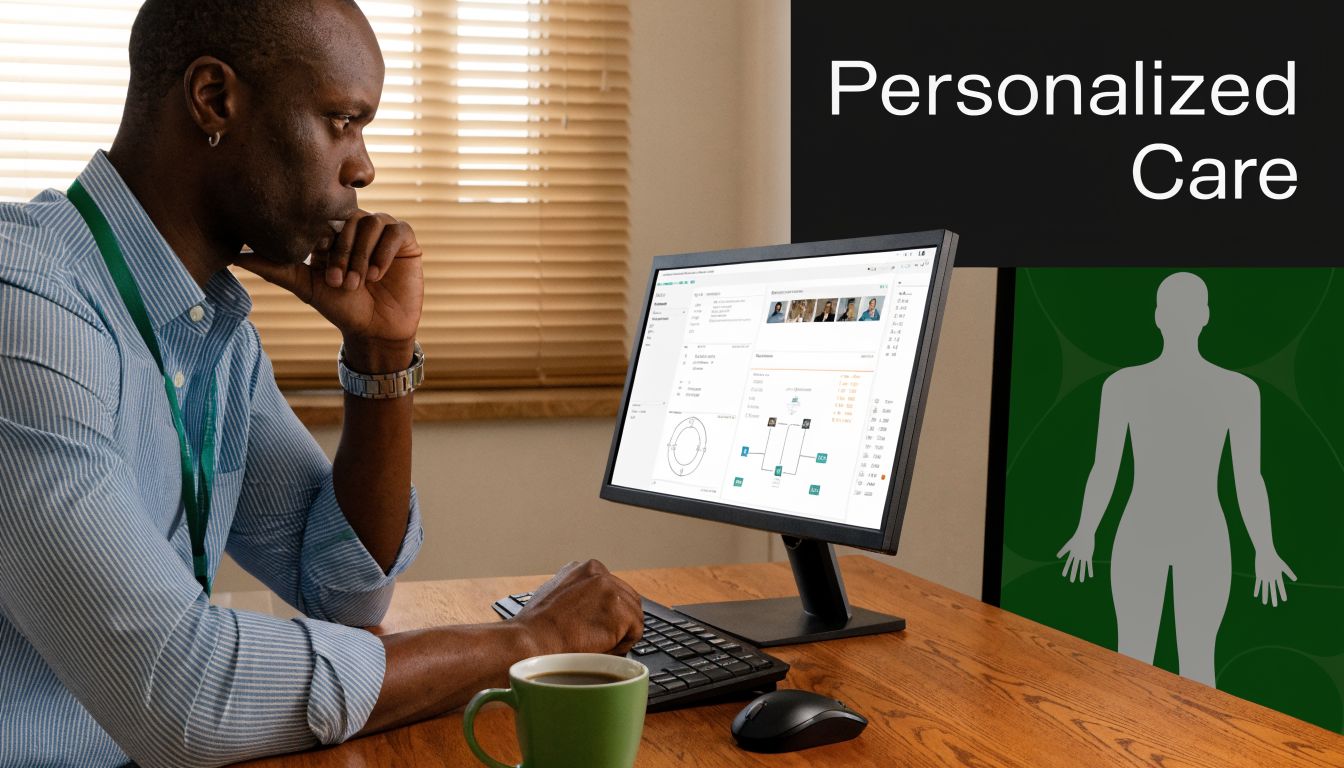 A professional man observing health data on a computer screen for personalized care planning.