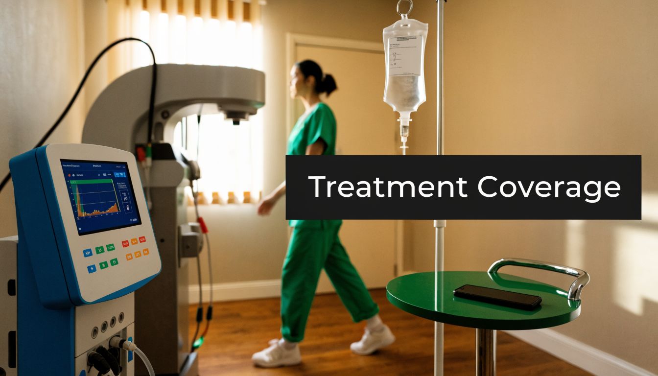 A healthcare professional walking in a medical room next to a treatment machine and IV drip