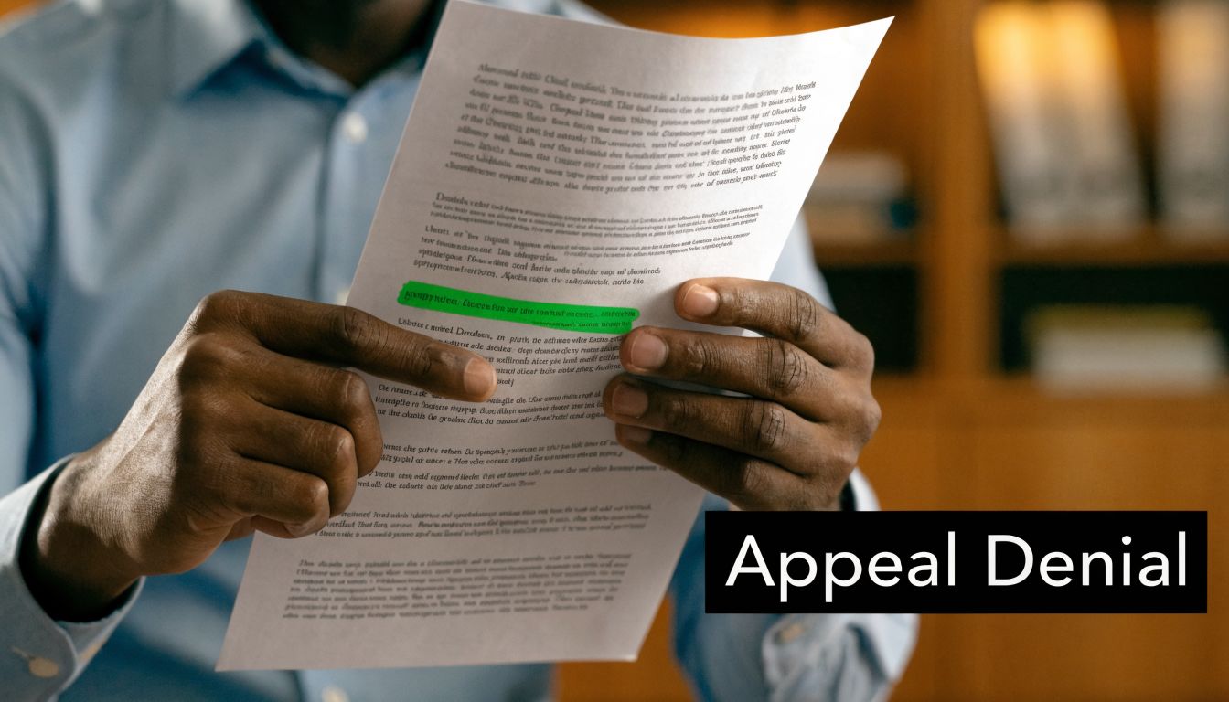 A person holding a document with a highlighted section, emphasizing an appeal denial in insurance coverage.