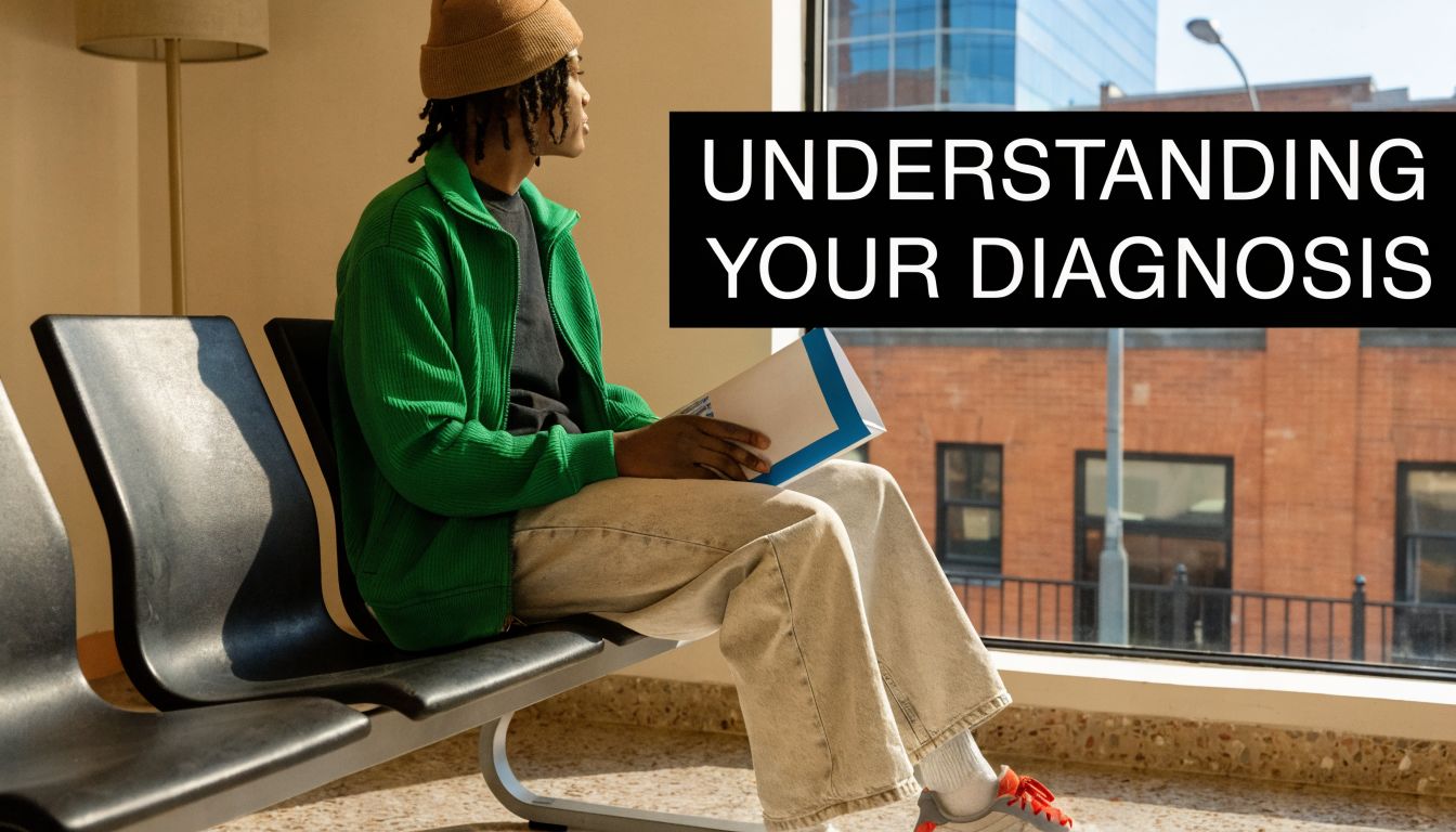 A young person sitting in a waiting room holding medical documents, reflecting on their diagnosis.
