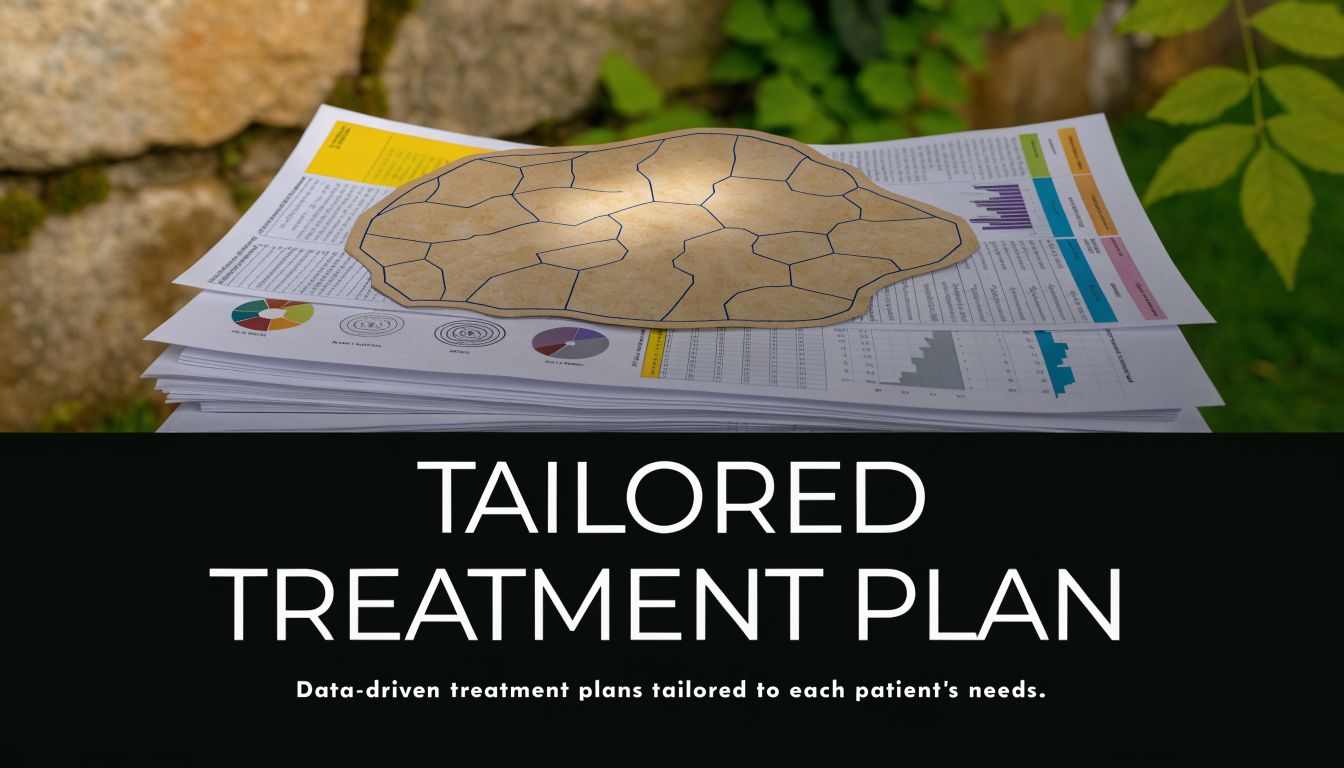 A stack of medical data charts topped with a puzzle-piece shape representing personalized Burkitt lymphoma treatment.