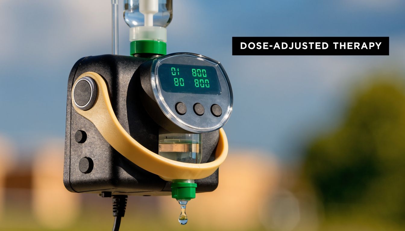 A close-up of a medical infusion device dispensing a droplet of medication for Burkitt lymphoma treatment.