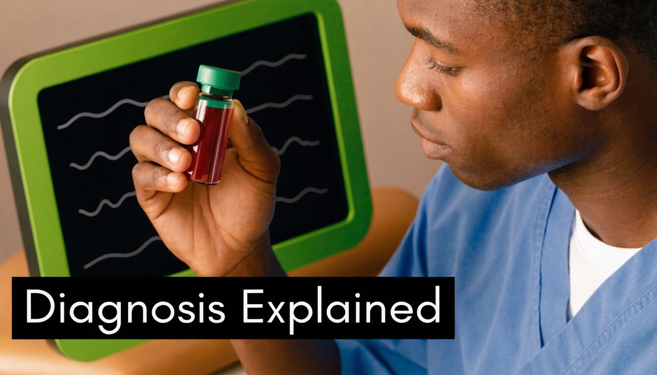 A healthcare professional in blue scrubs examining a vial of blood for diagnostic purposes.
