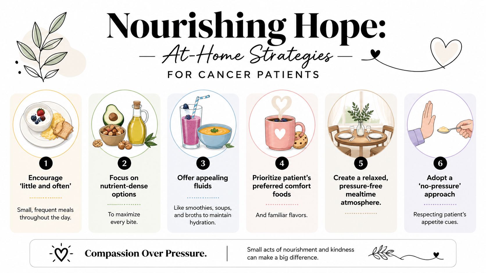 An infographic titled Nourishing Hope providing six practical tips for feeding cancer patients at home.