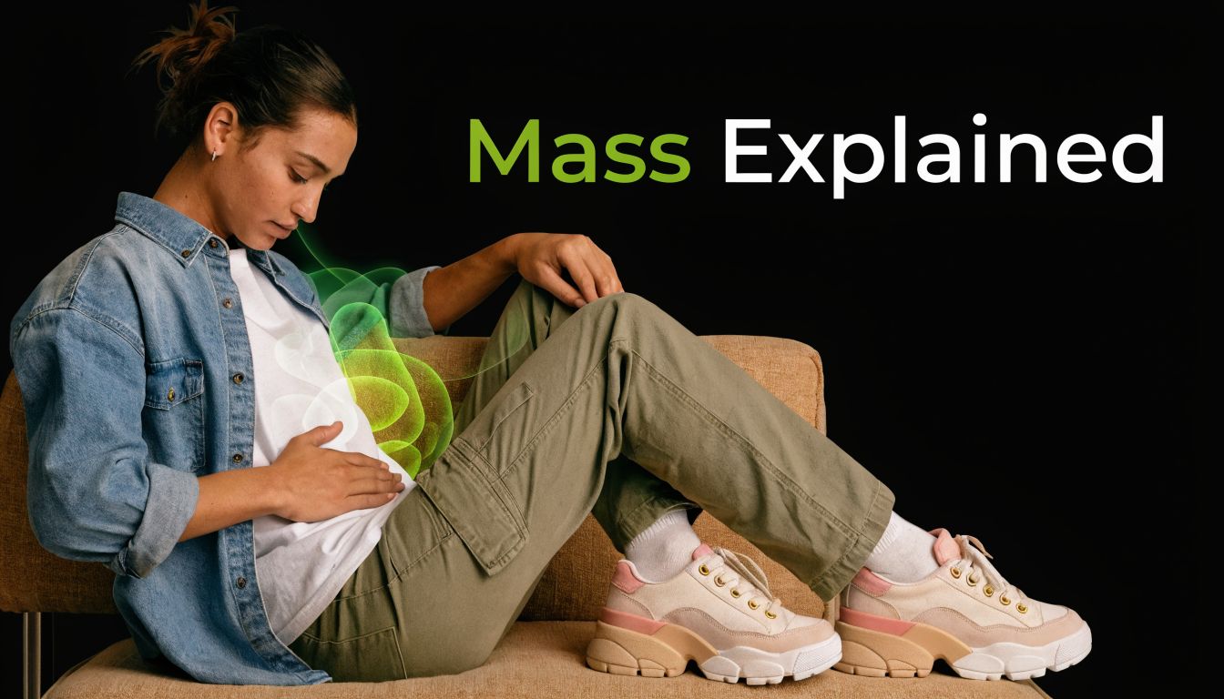 A young woman sits on a couch holding her abdomen, representing symptoms of an abdominal mass.
