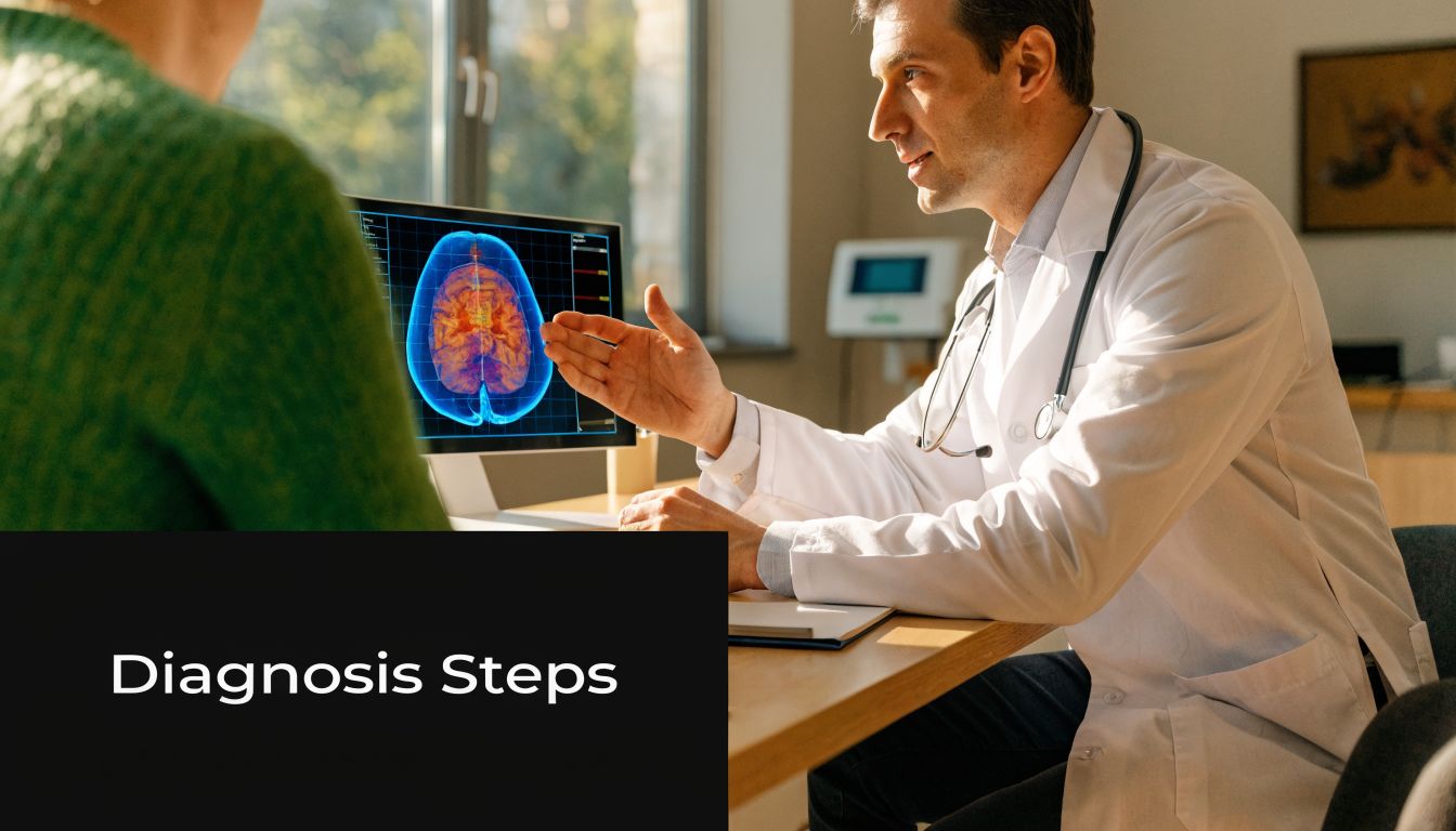 A doctor in a white coat explaining brain scan results to a patient during a consultation.