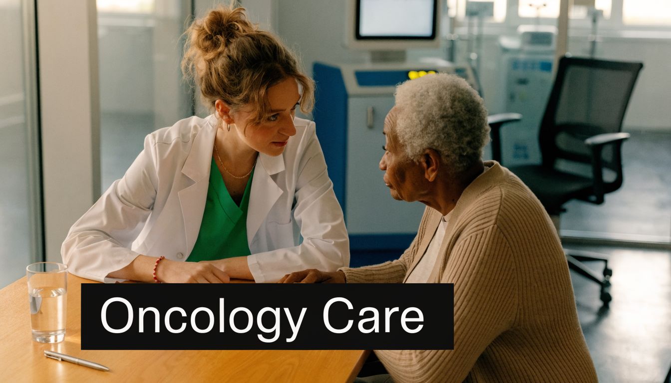 A caring oncologist discusses a medical diagnosis with an elderly patient in a professional clinical office setting.
