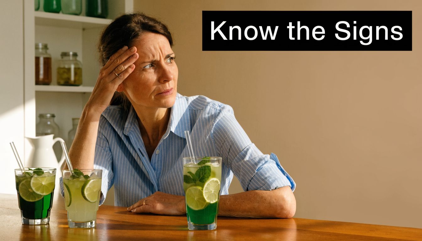 A concerned woman sitting at a wooden table with drinks, symbolizing awareness of symptoms.
