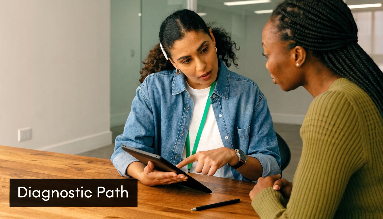 A professional healthcare provider discusses diagnostic results with a patient using a tablet in an office.