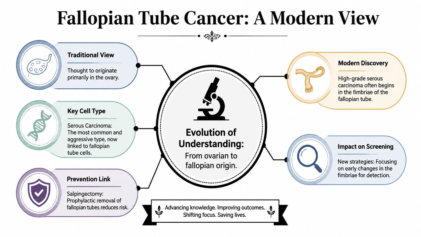 An infographic titled Fallopian Tube Cancer showing the modern shift in understanding its origin from ovaries to fimbriae.