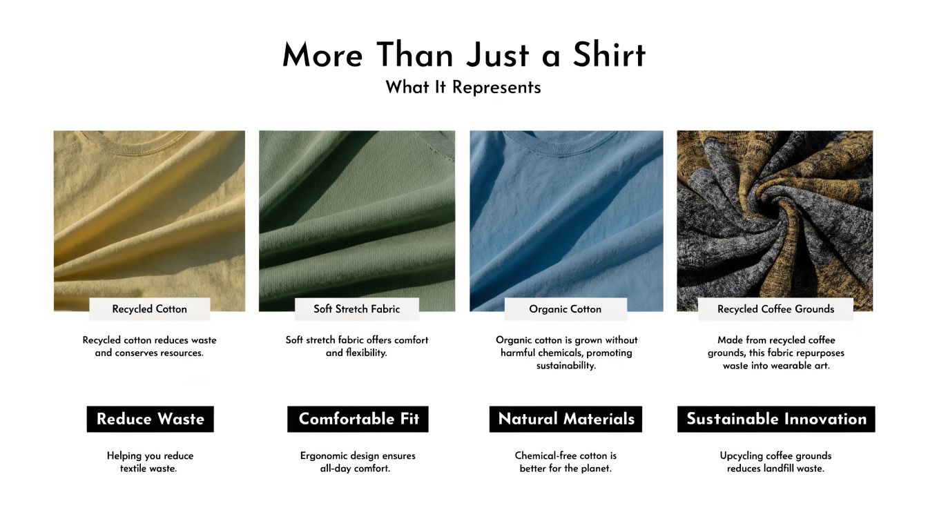 An infographic showing sustainable t-shirt materials like recycled cotton, organic cotton, and recycled coffee grounds.