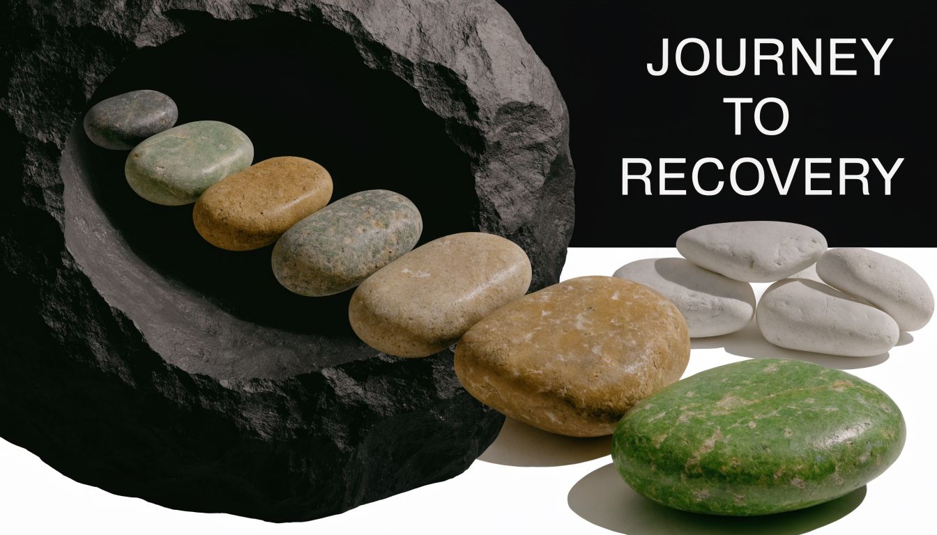 A conceptual image showing smooth stones leading out of a dark rock formation towards recovery.