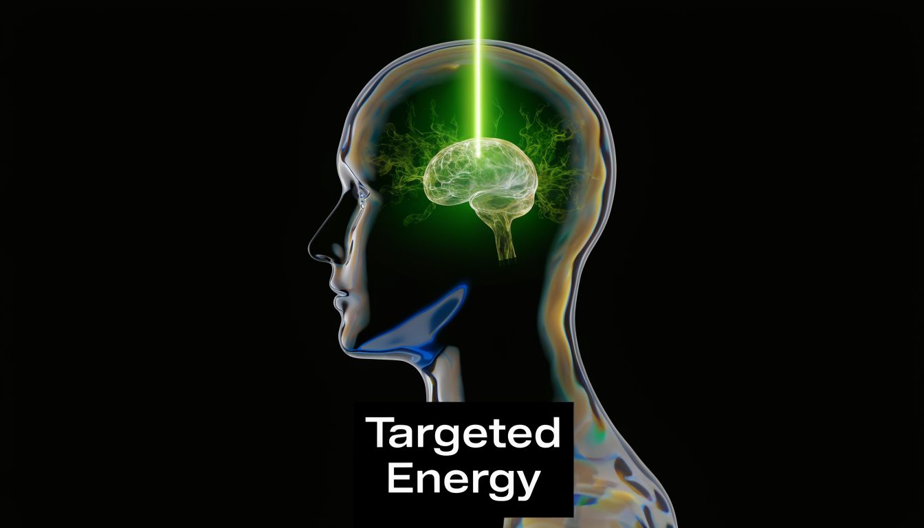 A digital illustration of a human head being targeted by a concentrated beam of green light energy.