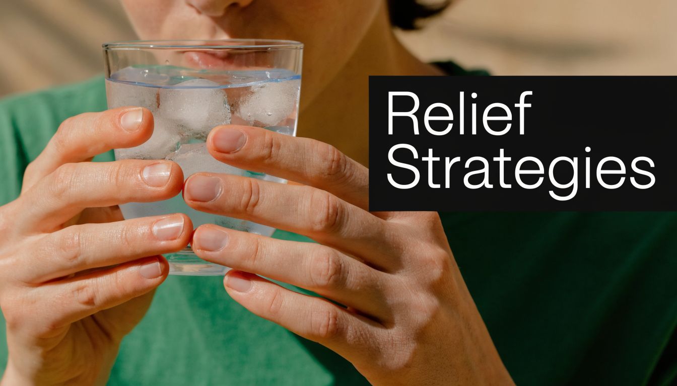 A person in a green shirt holding a glass of ice water for relief strategies.