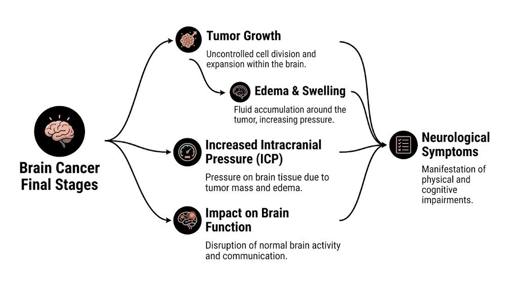 A diagram illustrating the progression of brain cancer, showing how tumor growth and pressure lead to neurological symptoms.