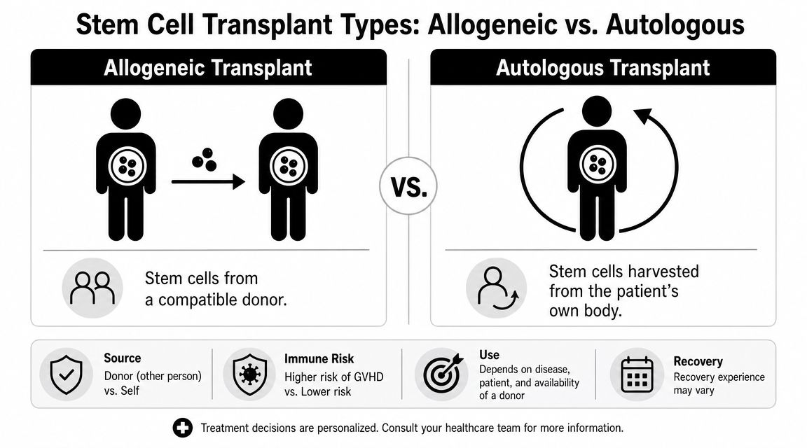 A diagram comparing allogeneic and autologous stem cell transplants with icons illustrating their sources and immune risks.