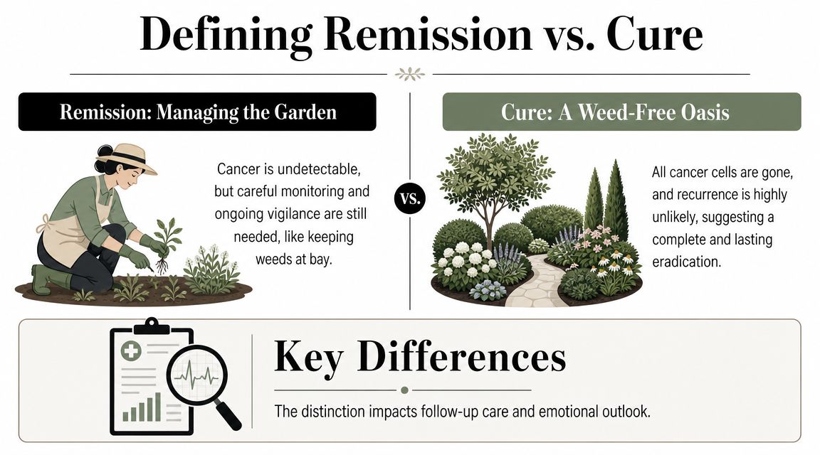 A visual infographic explaining the medical differences between cancer remission and being cured of cancer.
