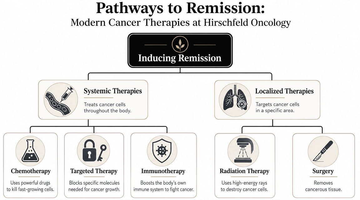 A flowchart detailing various modern cancer treatment methods for inducing remission at Hirschfeld Oncology center.