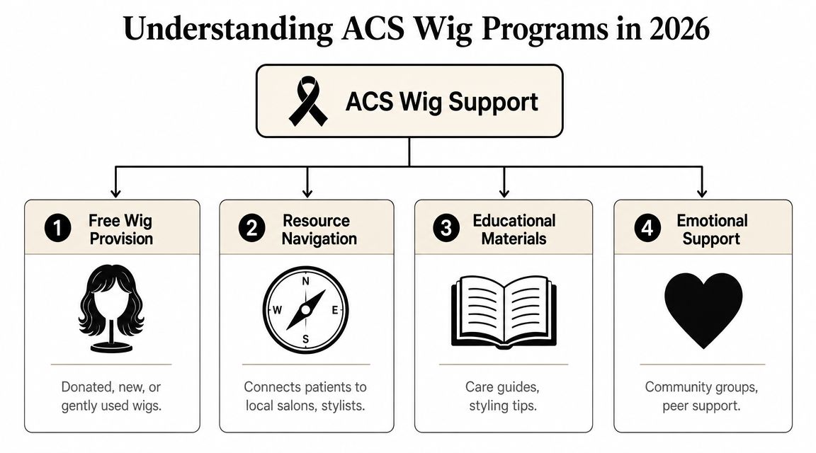 A diagram outlining the four components of American Cancer Society wig support programs including hair provision and resources.