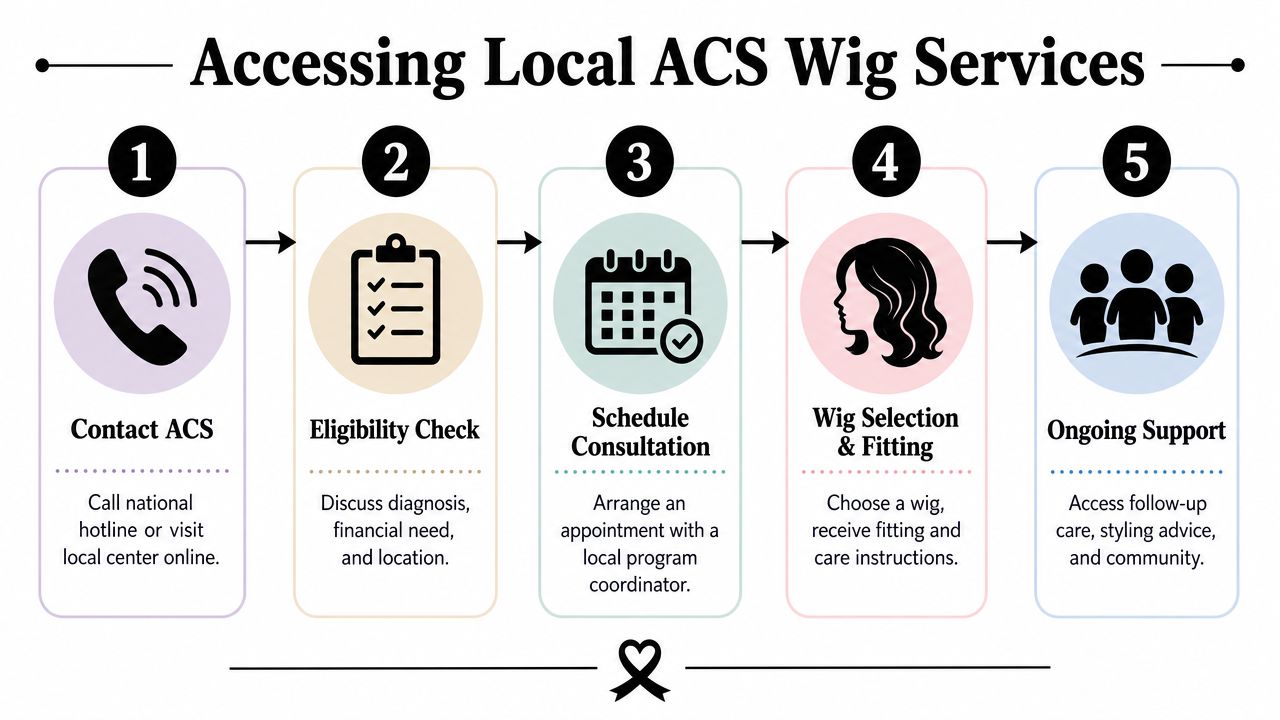 A five-step infographic explaining how to access American Cancer Society wig services for patients.