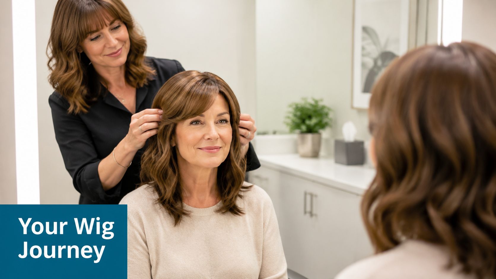 A professional hairstylist assists a woman with trying on a natural-looking wig in a salon setting.