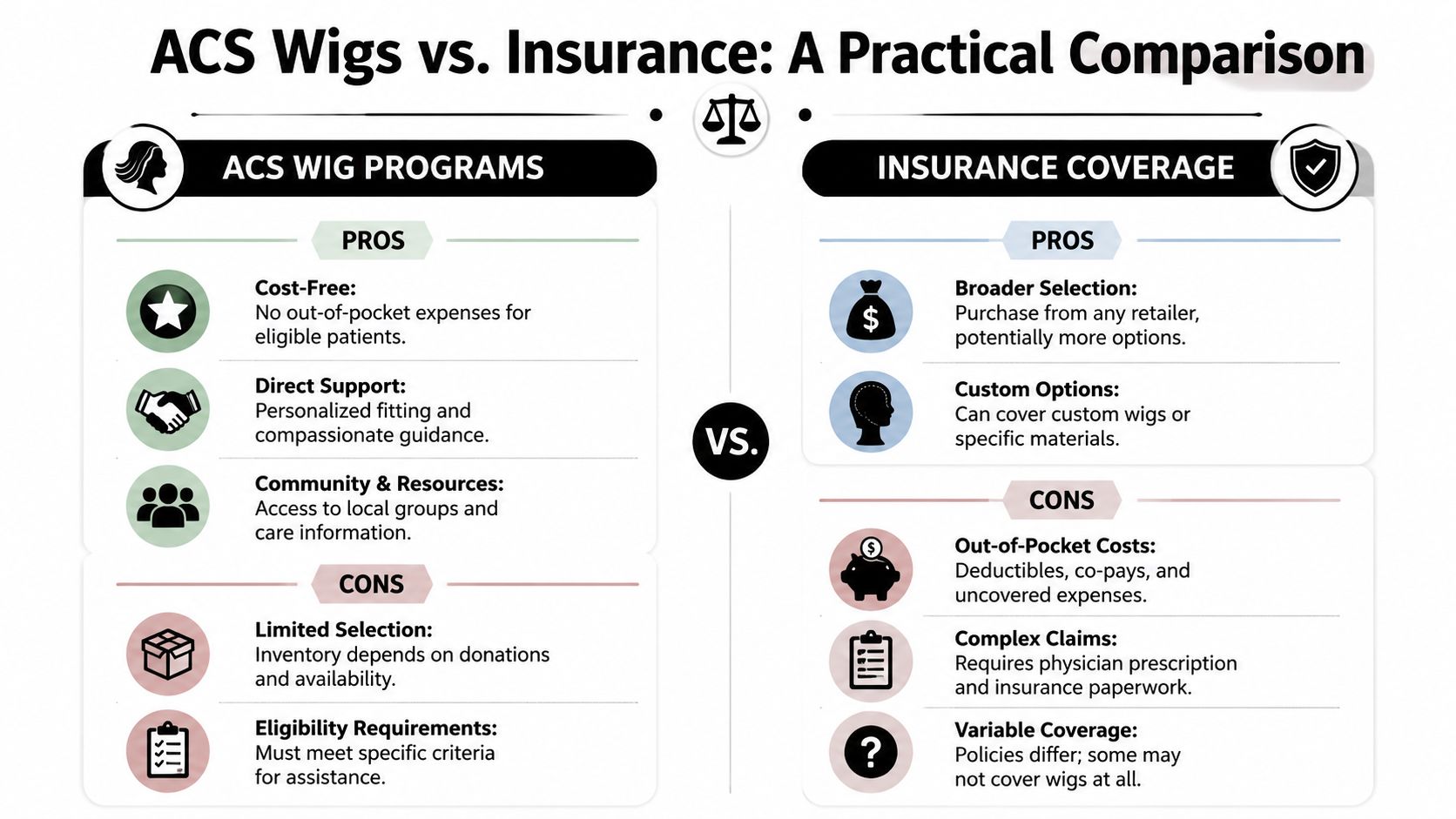 A comparison chart outlining the pros and cons of American Cancer Society wig programs versus insurance coverage.