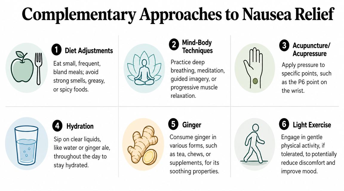 An infographic showing six natural, complementary approaches for relieving nausea, including diet, exercise, and ginger.